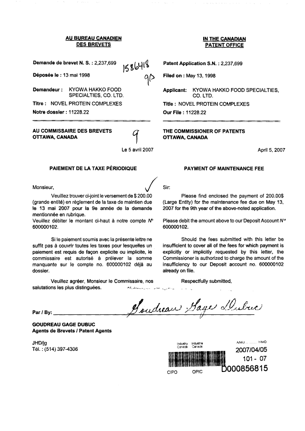 Canadian Patent Document 2237699. Fees 20070405. Image 1 of 1
