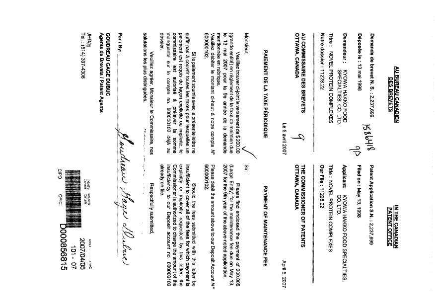 Document de brevet canadien 2237699. Taxes 20070405. Image 1 de 1
