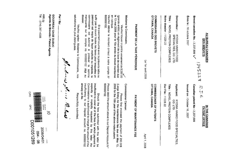 Document de brevet canadien 2237699. Taxes 20080401. Image 1 de 1
