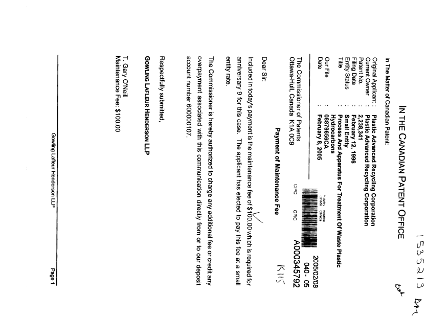 Document de brevet canadien 2238341. Taxes 20050208. Image 1 de 1