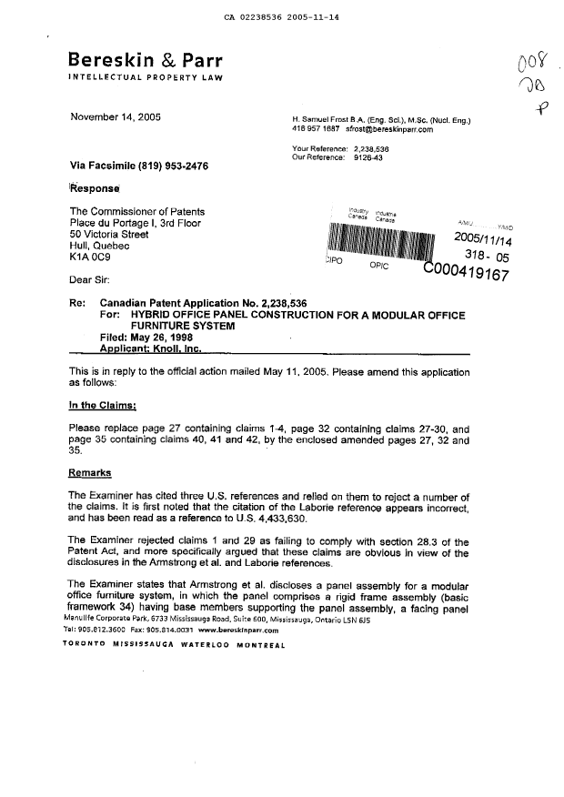 Document de brevet canadien 2238536. Poursuite-Amendment 20051114. Image 1 de 7