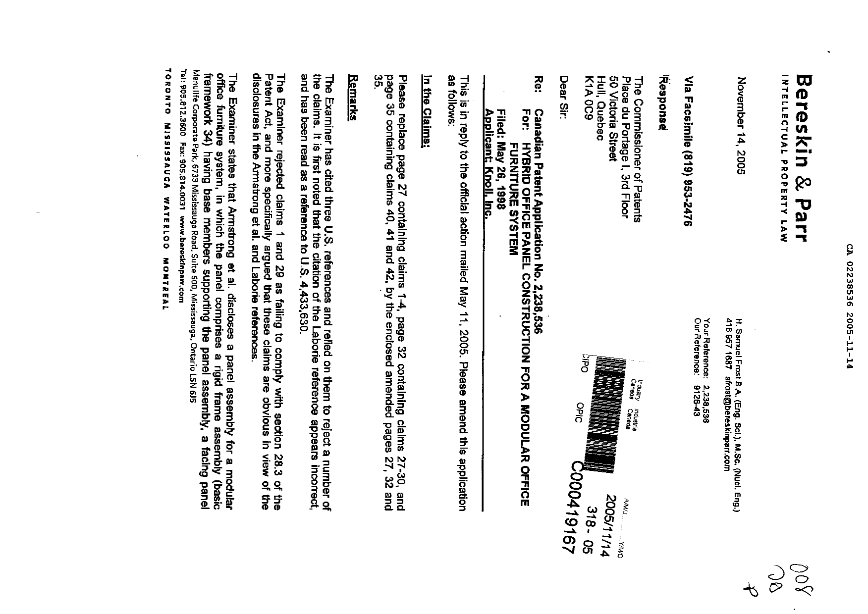 Canadian Patent Document 2238536. Prosecution-Amendment 20051114. Image 1 of 7