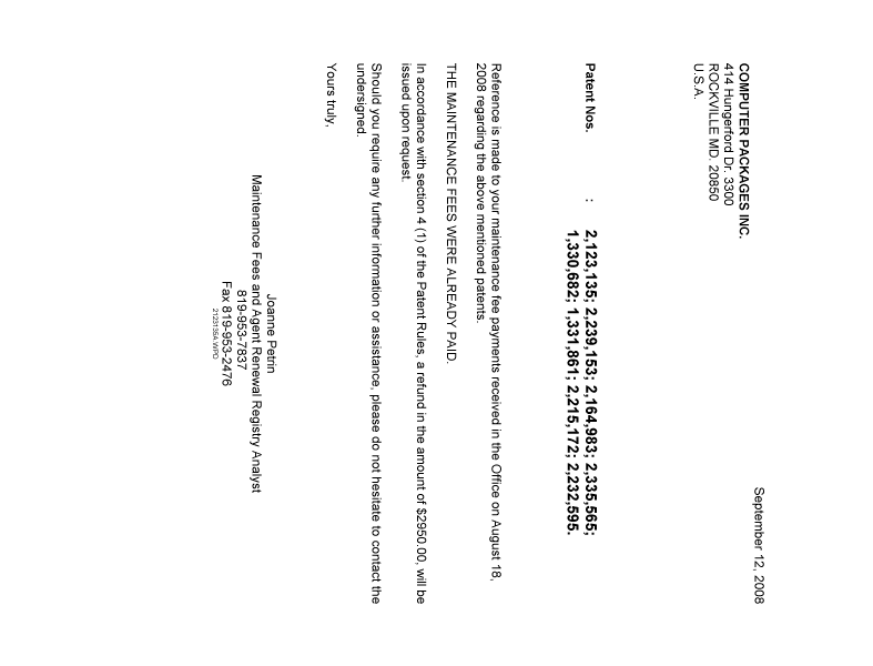 Document de brevet canadien 2239153. Correspondance 20080912. Image 1 de 1