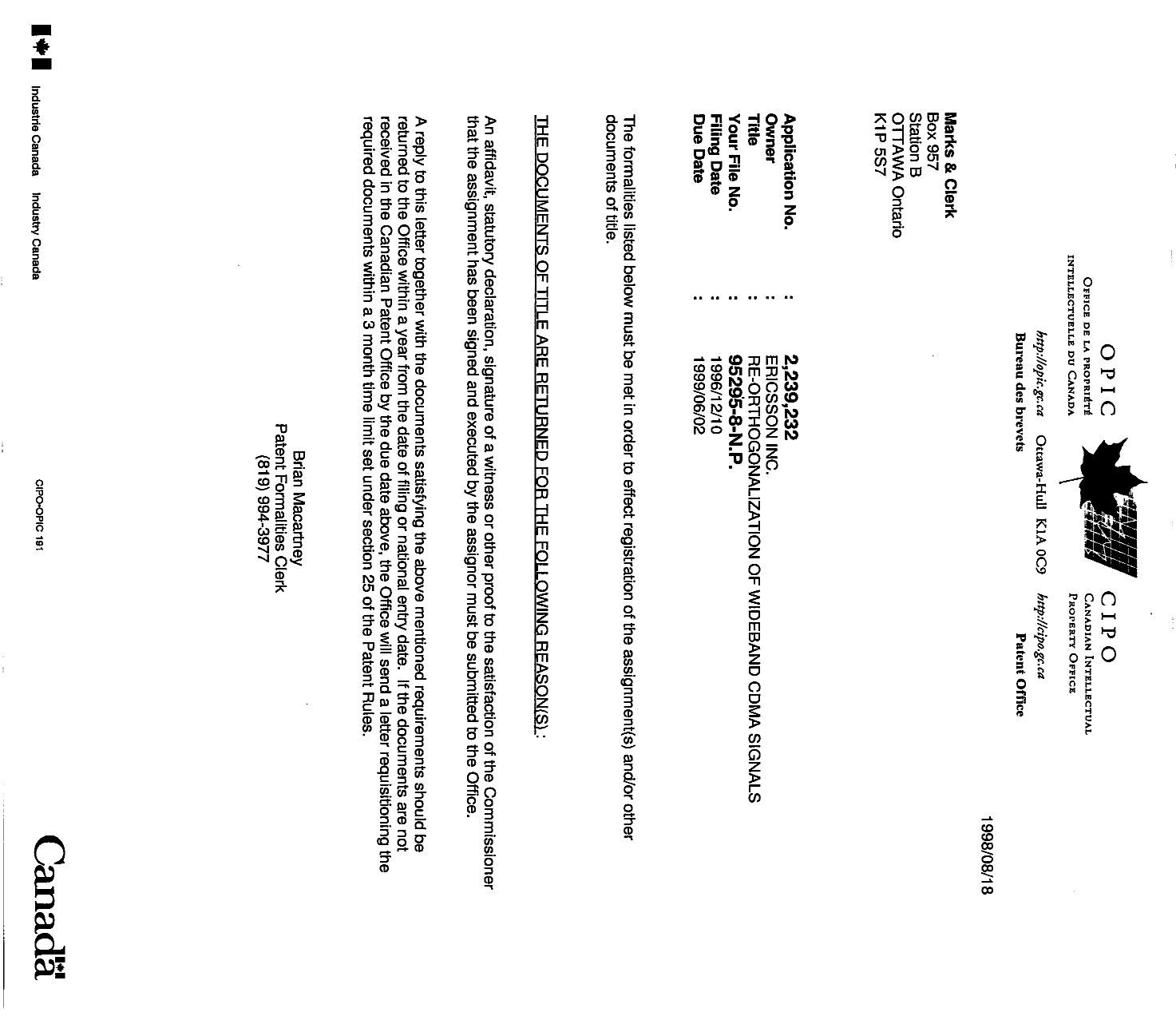 Canadian Patent Document 2239232. Correspondence 19980818. Image 1 of 1