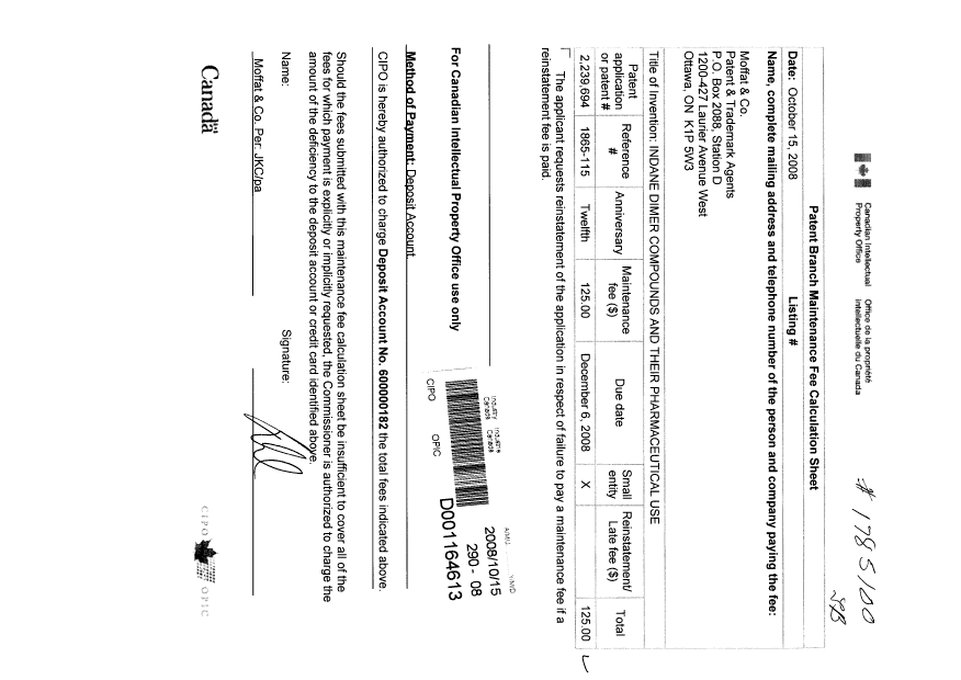 Document de brevet canadien 2239694. Taxes 20081015. Image 1 de 1