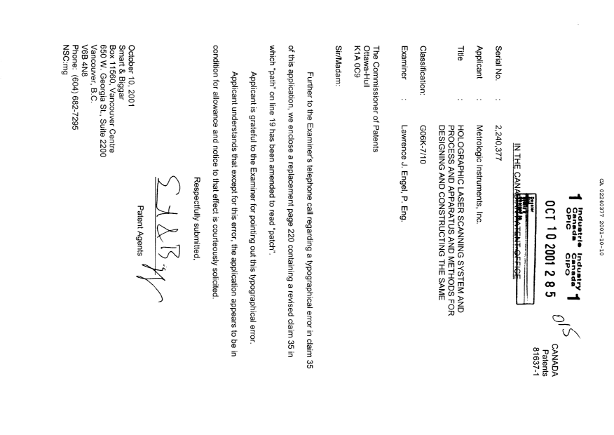 Document de brevet canadien 2240377. Poursuite-Amendment 20011010. Image 1 de 2