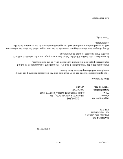 Canadian Patent Document 2240703. Correspondence 20000707. Image 1 of 2