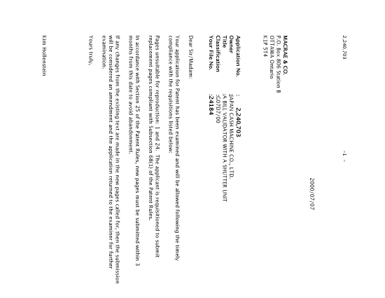 Document de brevet canadien 2240703. Correspondance 20000707. Image 1 de 2
