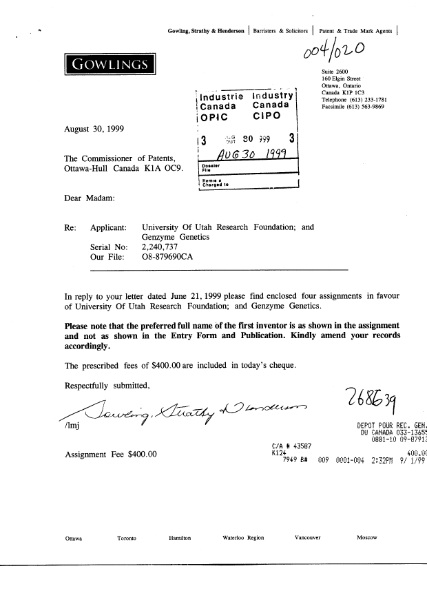 Document de brevet canadien 2240737. Cession 19990830. Image 1 de 5