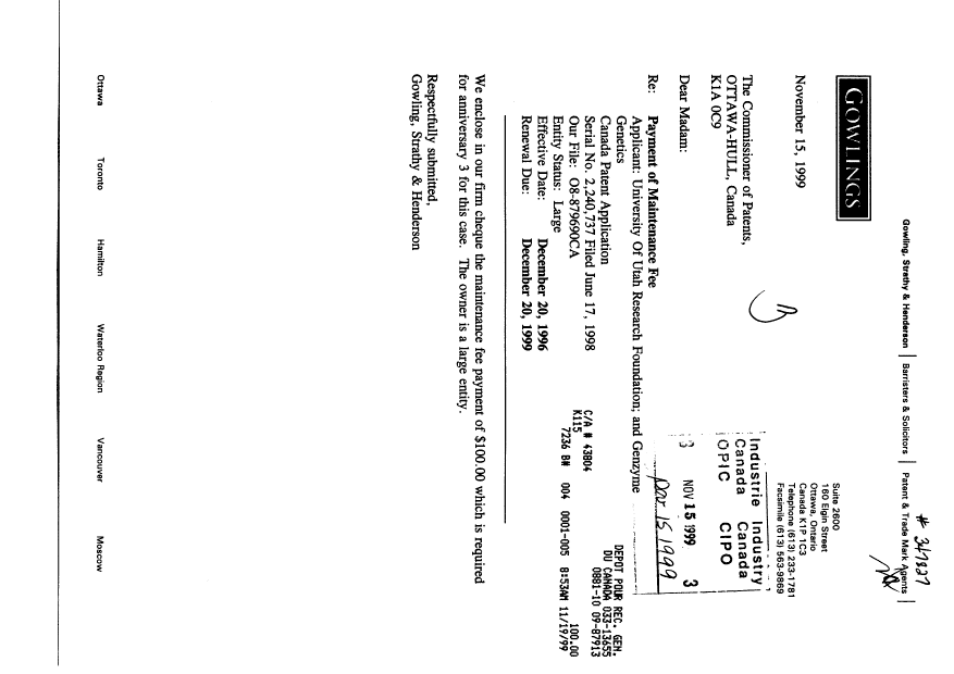 Document de brevet canadien 2240737. Taxes 19991115. Image 1 de 1