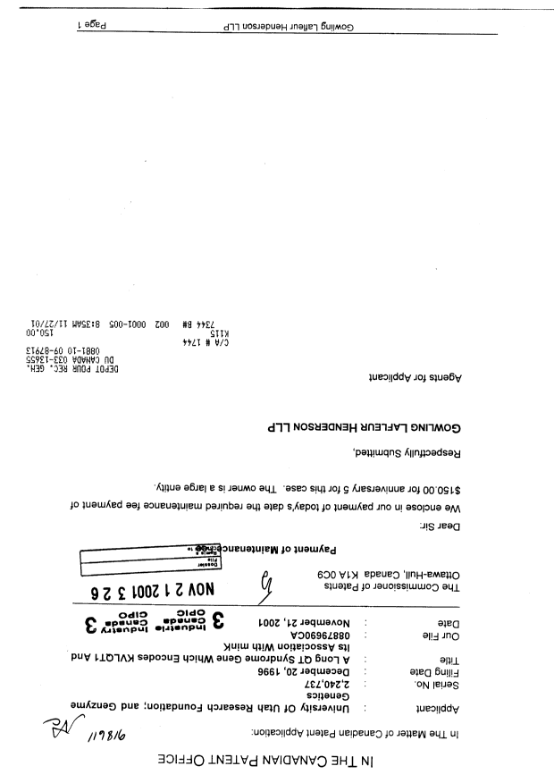 Canadian Patent Document 2240737. Fees 20011121. Image 1 of 1