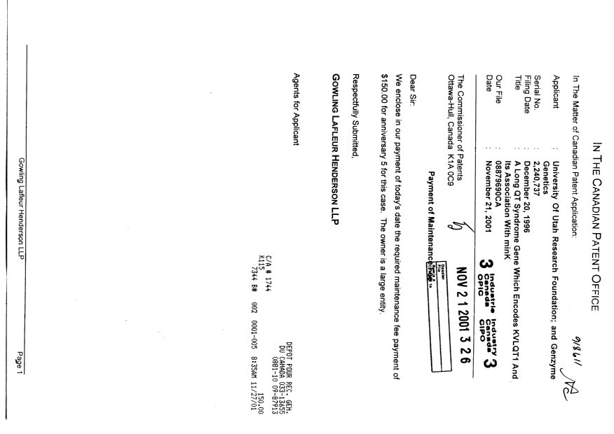 Document de brevet canadien 2240737. Taxes 20011121. Image 1 de 1