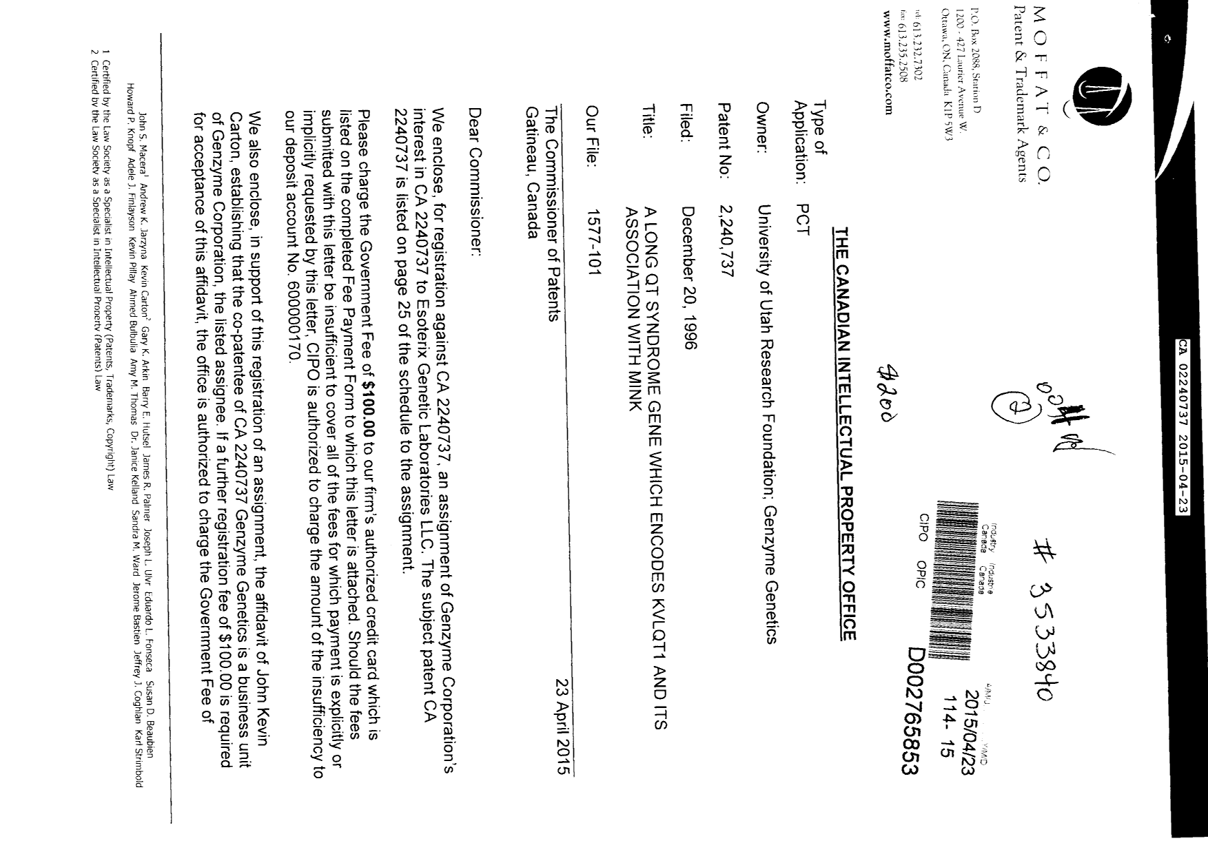 Canadian Patent Document 2240737. Assignment 20150423. Image 1 of 53