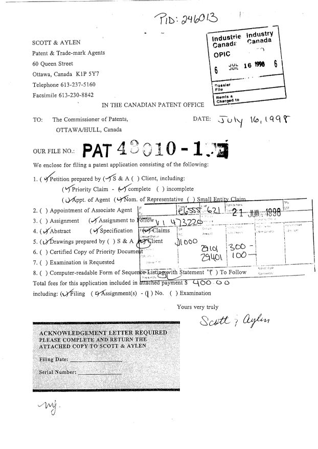 Document de brevet canadien 2240791. Cession 19980716. Image 1 de 3