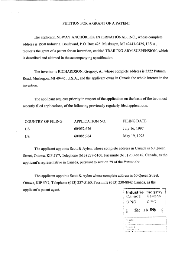 Document de brevet canadien 2240791. Cession 19980716. Image 2 de 3