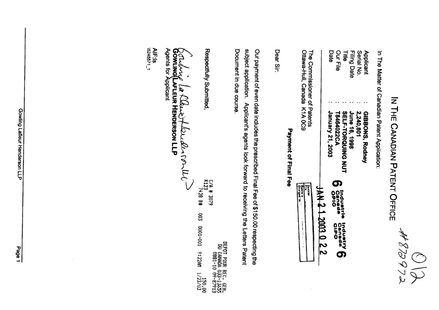 Document de brevet canadien 2240801. Correspondance 20030121. Image 1 de 1