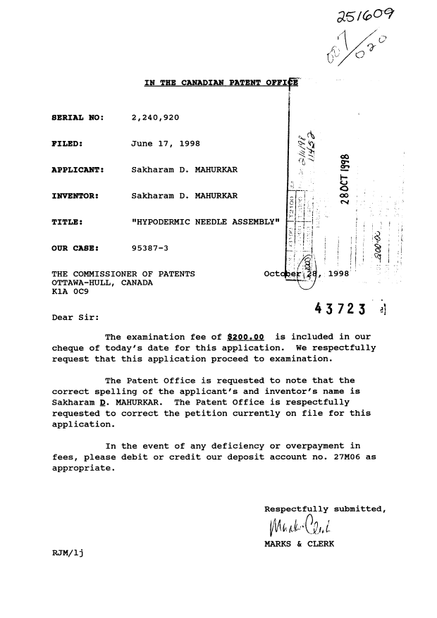 Document de brevet canadien 2240920. Poursuite-Amendment 19981028. Image 1 de 1