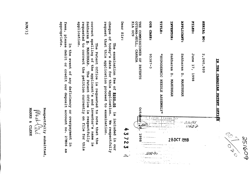 Document de brevet canadien 2240920. Correspondance 19981028. Image 1 de 1