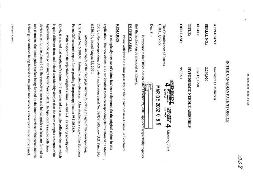Document de brevet canadien 2240920. Poursuite-Amendment 20020305. Image 1 de 6