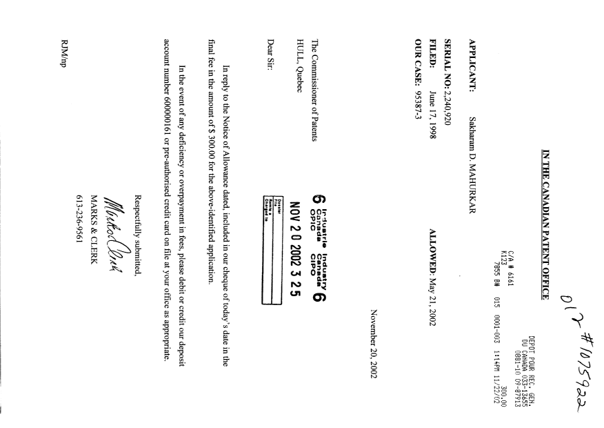 Document de brevet canadien 2240920. Correspondance 20021120. Image 1 de 1