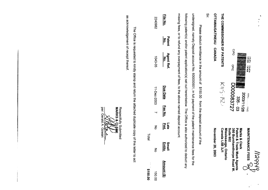 Canadian Patent Document 2240982. Fees 20031128. Image 1 of 1