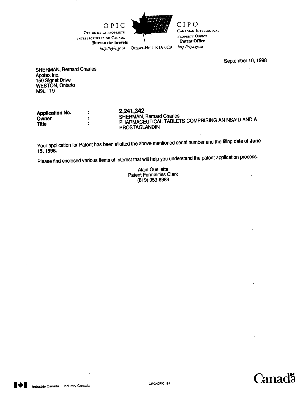 Document de brevet canadien 2241342. Correspondance 19980910. Image 1 de 1