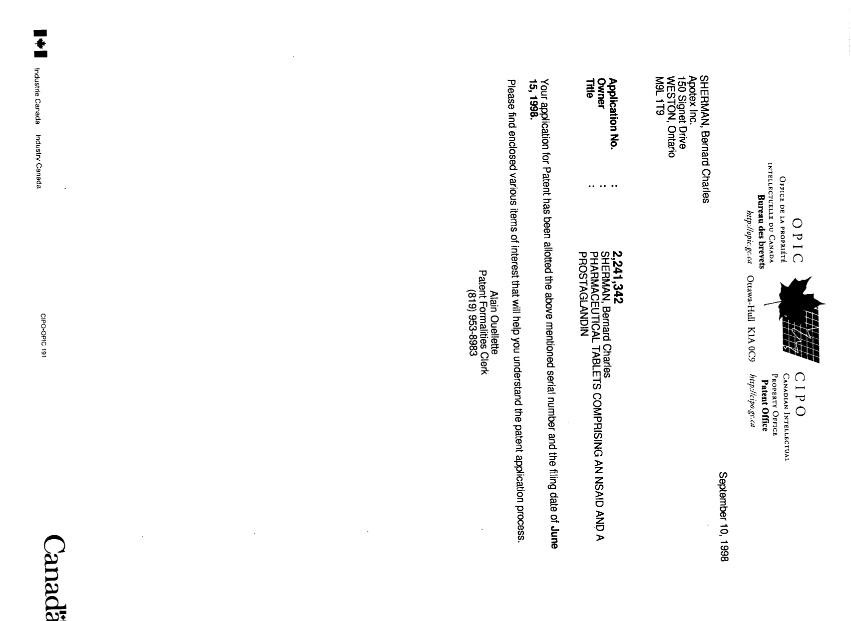 Canadian Patent Document 2241342. Correspondence 19980910. Image 1 of 1