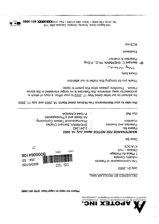 Canadian Patent Document 2241342. Correspondence 20030722. Image 1 of 2