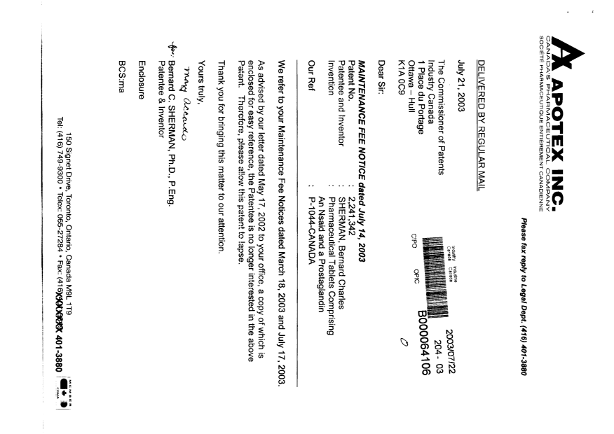 Document de brevet canadien 2241342. Correspondance 20030722. Image 1 de 2