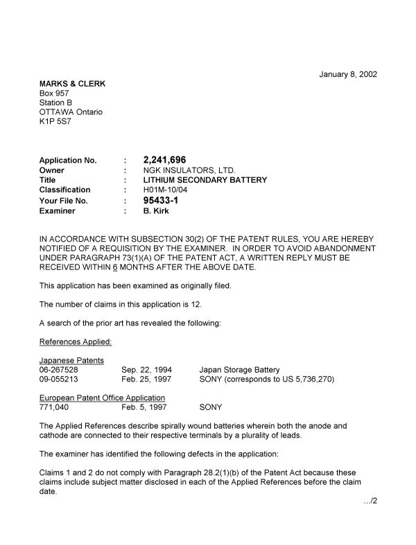 Canadian Patent Document 2241696. Prosecution-Amendment 20020108. Image 1 of 2