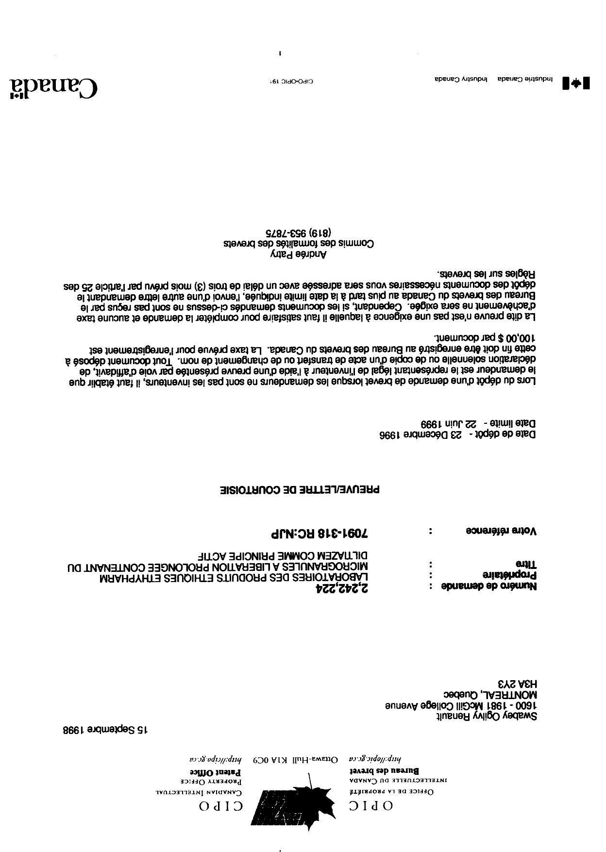 Document de brevet canadien 2242224. Correspondance 19971215. Image 1 de 1
