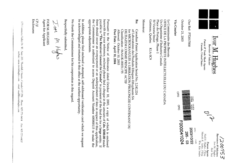 Document de brevet canadien 2242224. Correspondance 20021222. Image 1 de 2