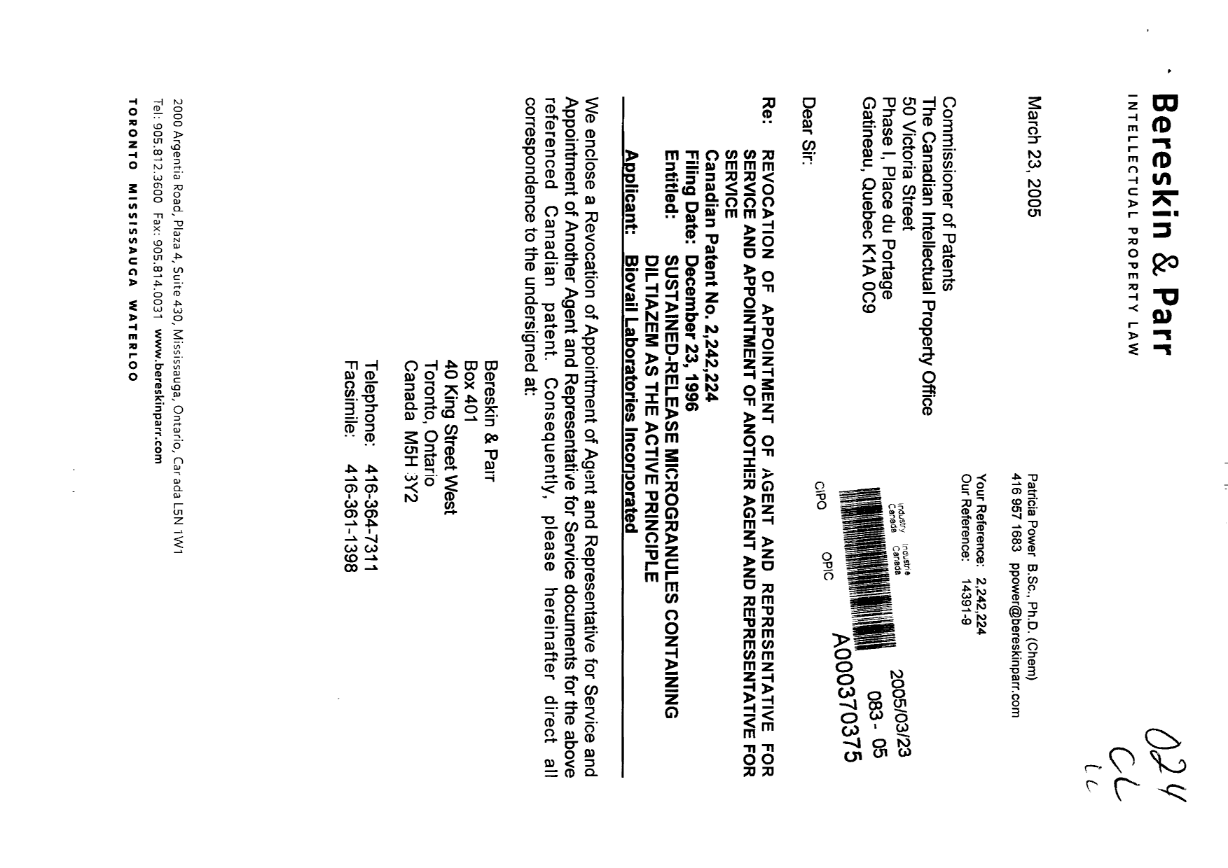 Document de brevet canadien 2242224. Correspondance 20041223. Image 1 de 3