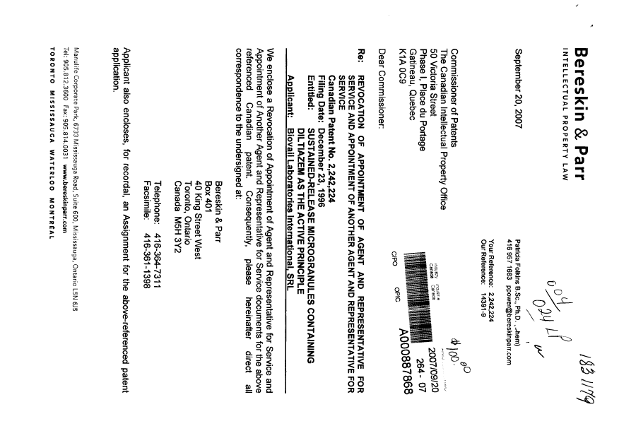 Canadian Patent Document 2242224. Correspondence 20061220. Image 1 of 3
