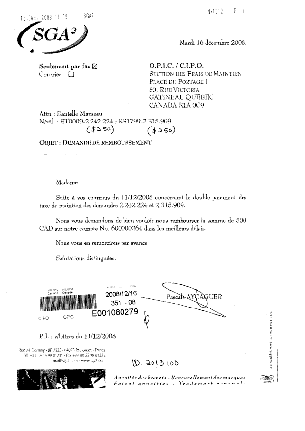 Document de brevet canadien 2242224. Correspondance 20071216. Image 1 de 3