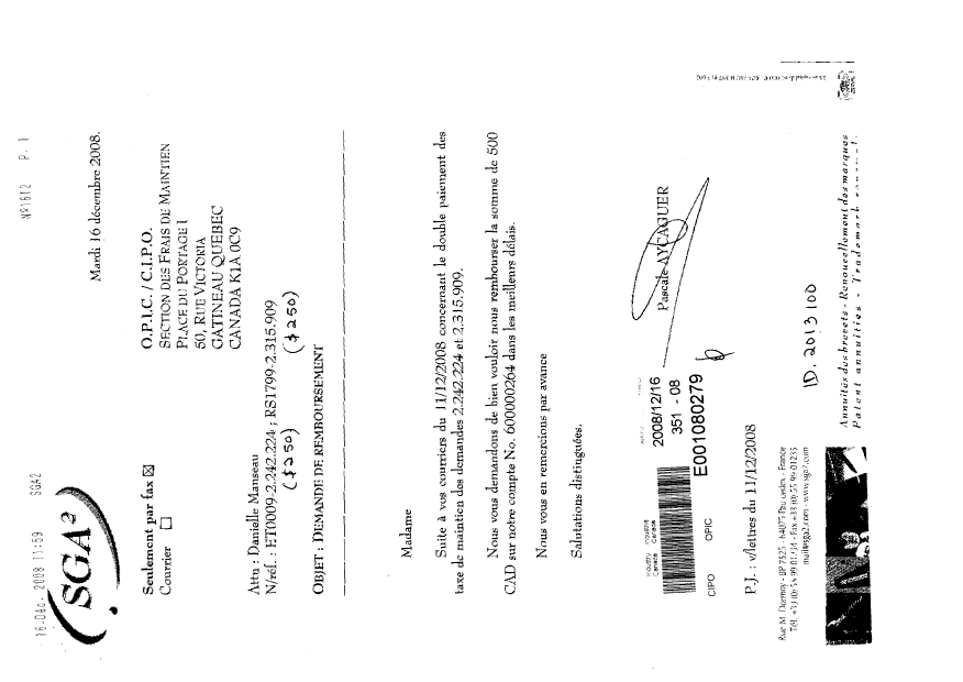 Document de brevet canadien 2242224. Correspondance 20071216. Image 1 de 3
