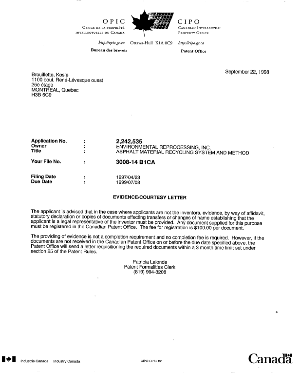 Document de brevet canadien 2242535. Correspondance 19980922. Image 1 de 1