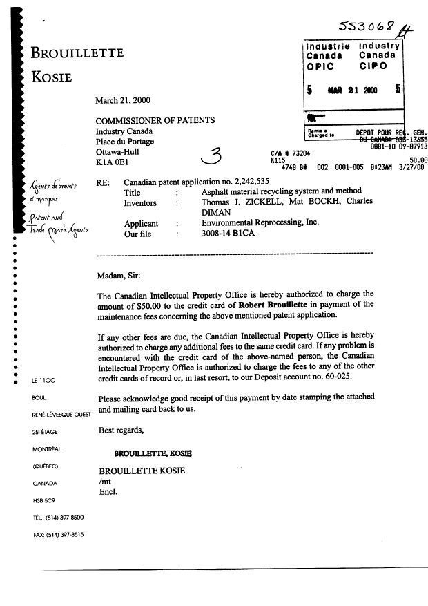 Document de brevet canadien 2242535. Taxes 20000321. Image 1 de 1
