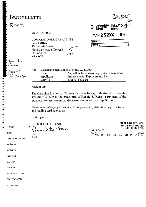 Document de brevet canadien 2242535. Taxes 20020325. Image 1 de 1