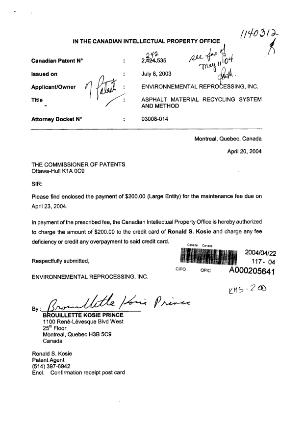 Document de brevet canadien 2242535. Taxes 20040422. Image 1 de 1
