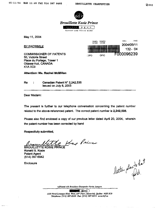 Document de brevet canadien 2242535. Taxes 20040511. Image 1 de 3