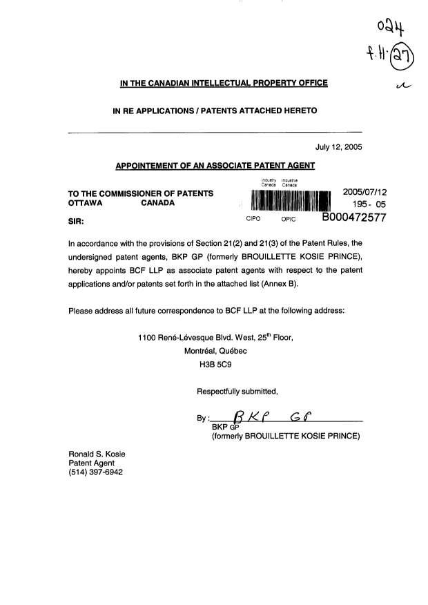 Document de brevet canadien 2242535. Correspondance 20050712. Image 1 de 2