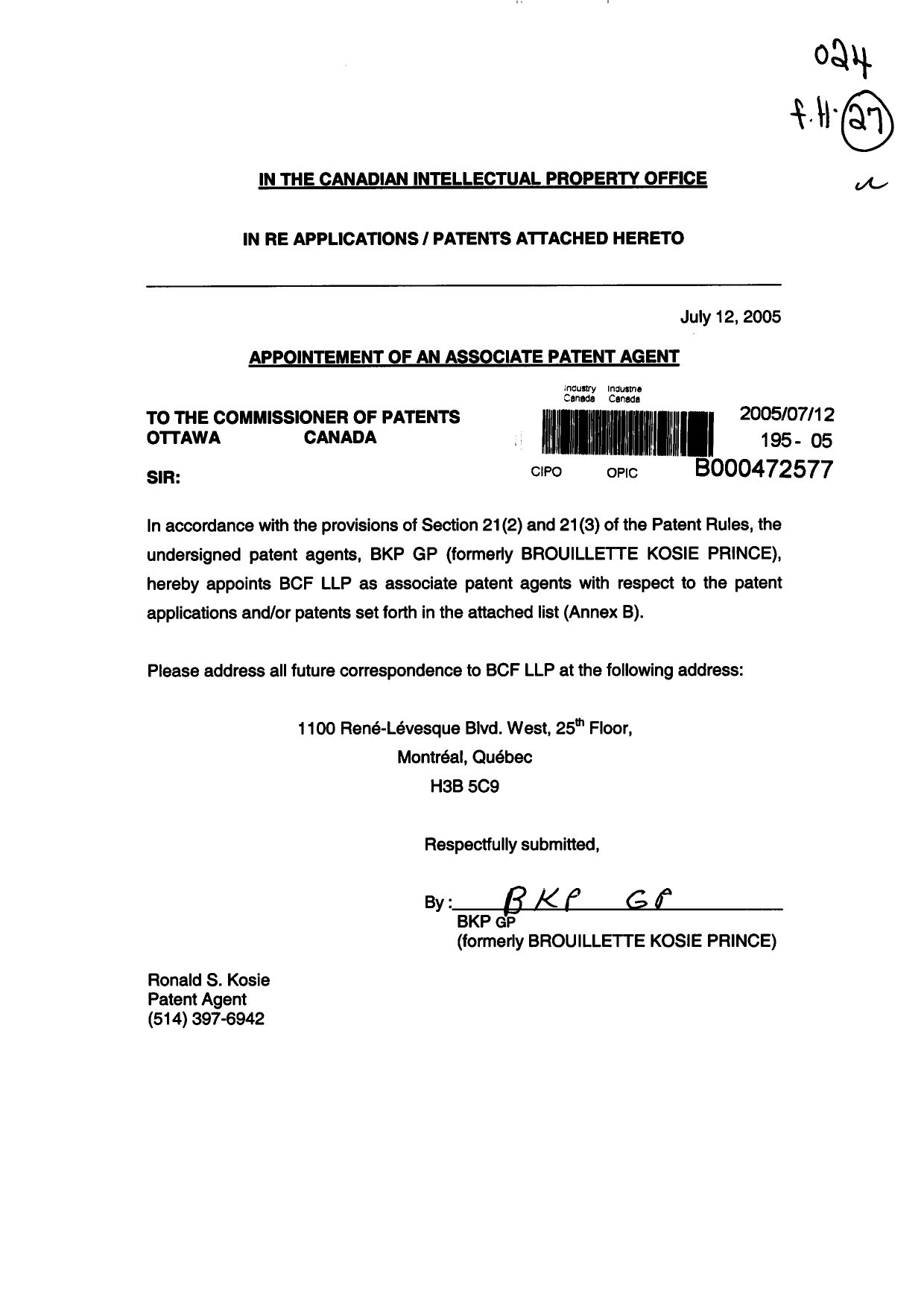 Canadian Patent Document 2242535. Correspondence 20050712. Image 1 of 2