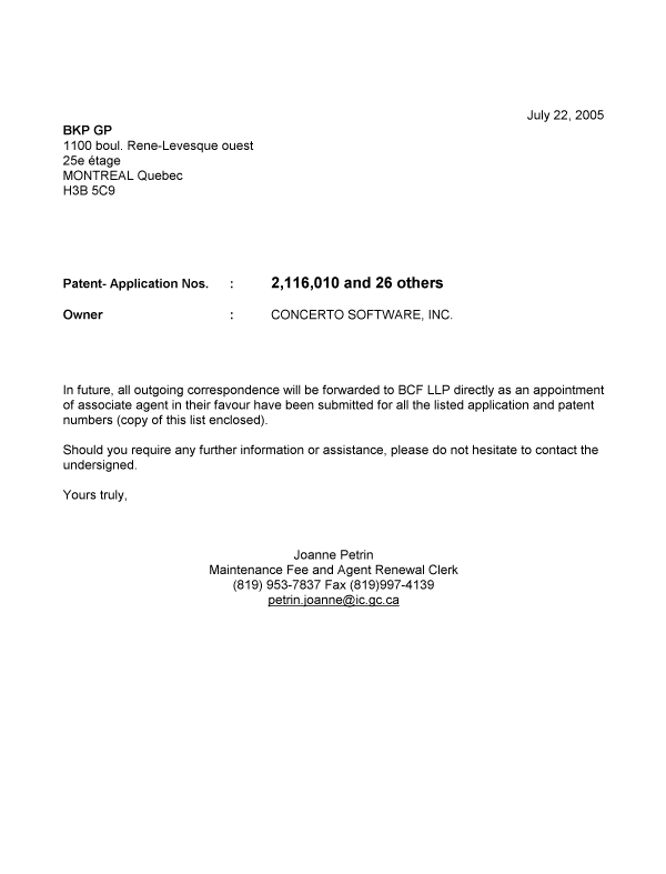 Document de brevet canadien 2242535. Correspondance 20050722. Image 1 de 1