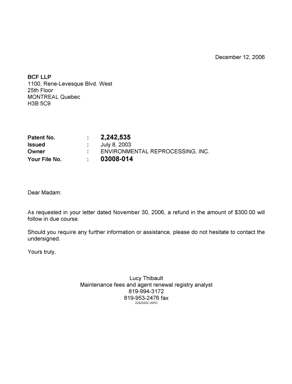 Document de brevet canadien 2242535. Correspondance 20061212. Image 1 de 1