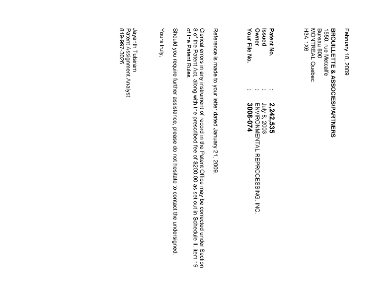 Canadian Patent Document 2242535. Correspondence 20090218. Image 1 of 1