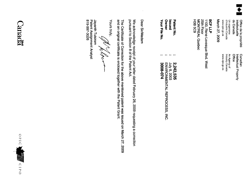 Canadian Patent Document 2242535. Prosecution-Amendment 20090327. Image 1 of 2