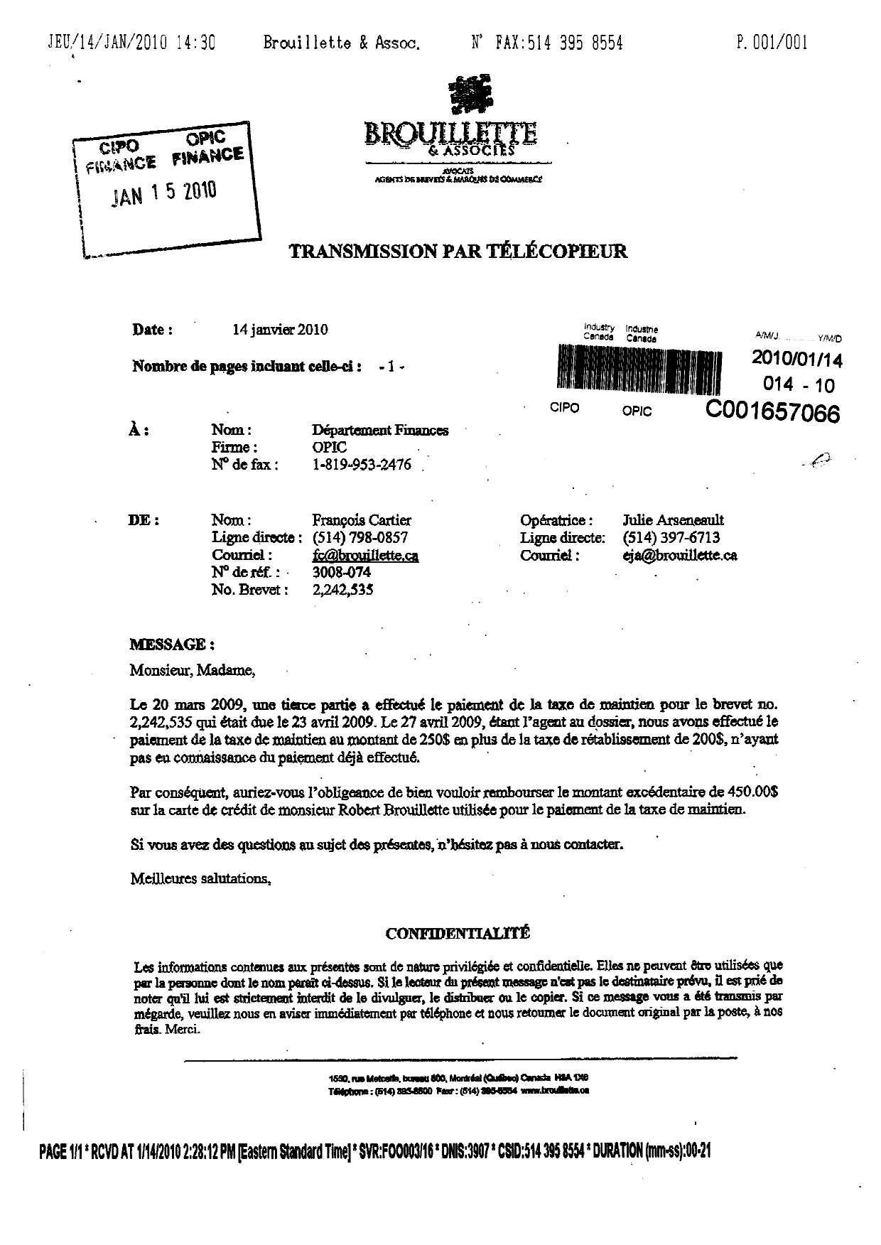 Canadian Patent Document 2242535. Correspondence 20100114. Image 1 of 1