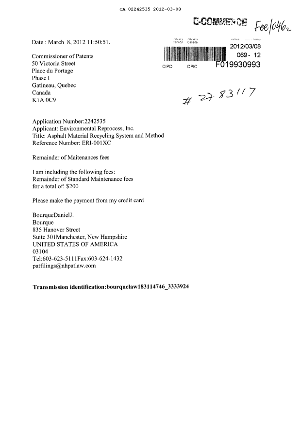 Document de brevet canadien 2242535. Correspondance 20120308. Image 1 de 1