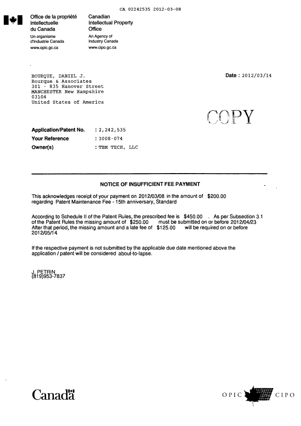 Canadian Patent Document 2242535. Fees 20120308. Image 2 of 2